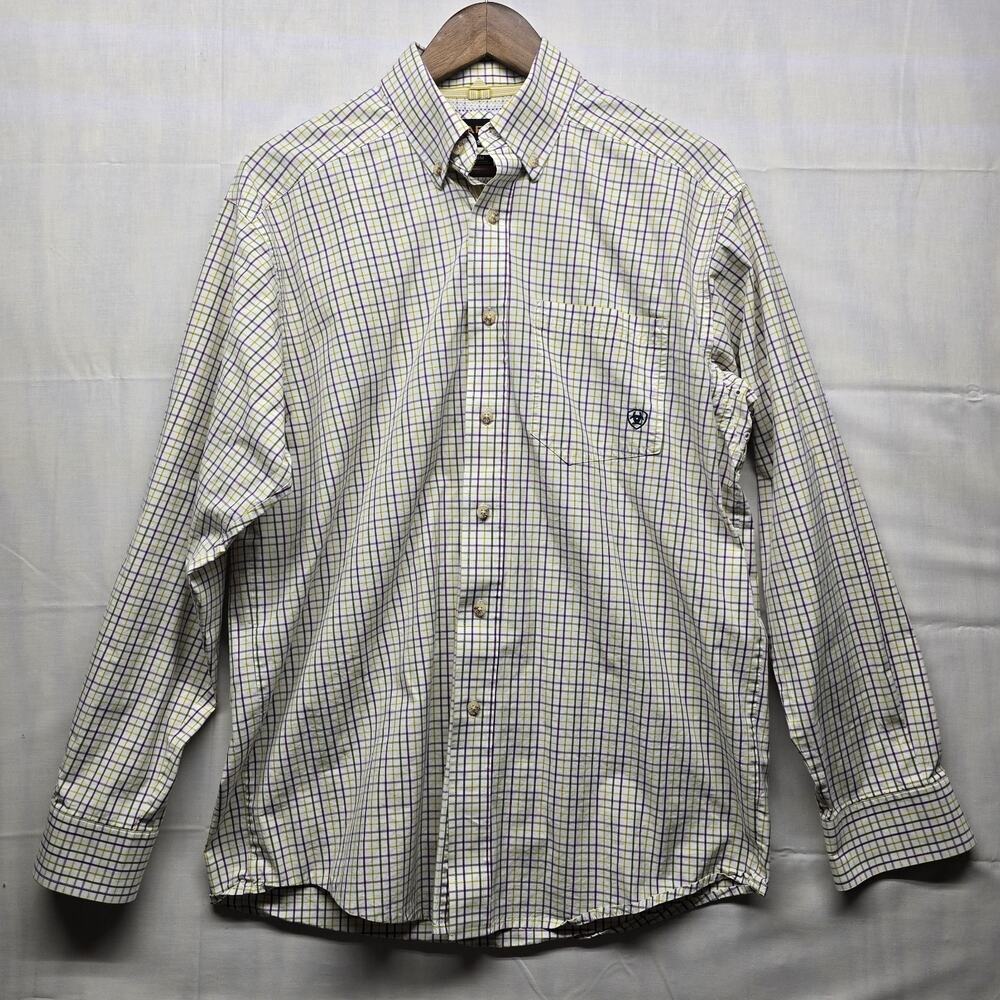 Ariat Pro Series Mens Medium Plaid‎ Long Sleeve Button Down Shirt White Workwear